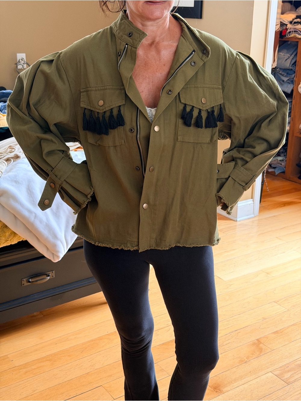 Lush Olive Green Button-Front Jacket with Black Tassel Trim
